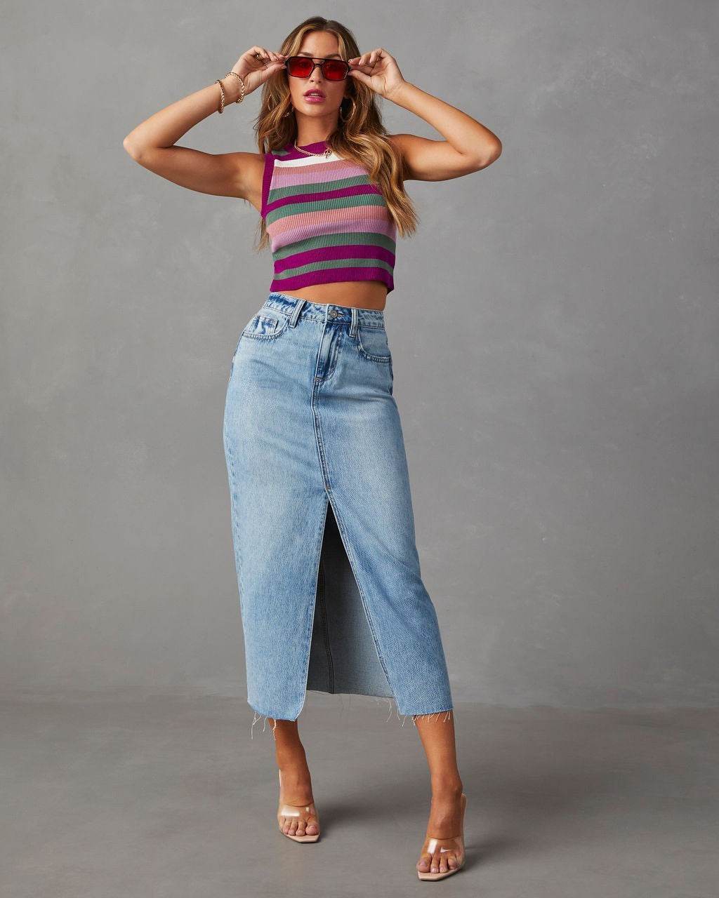 Women's Fashion Slimming front split Midi Denim Skirt