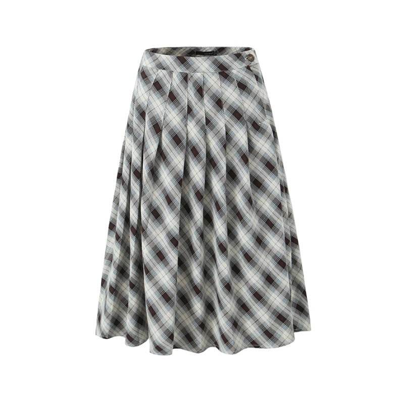 American Retro Low Waist Navel Plaid Pleated Long Skirt Women