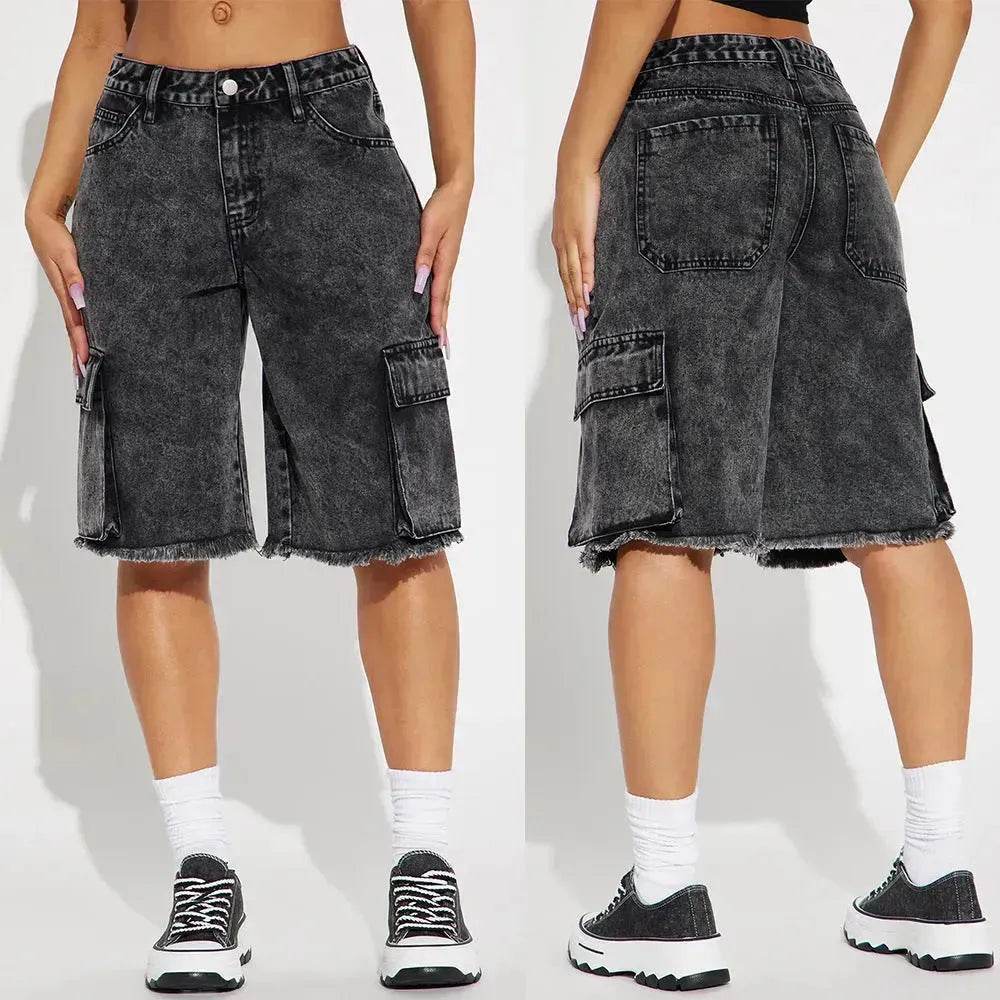 Fashion Street Washed Frayed Hem Women's Denim Straight Short Pants Black Jeans shorts for women