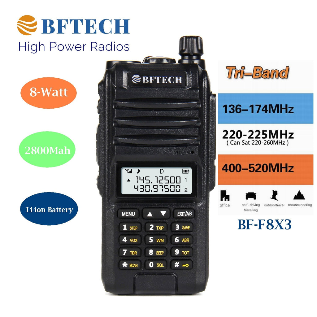 BFTECH BF-F8X3 Tri-band 8 watt vhf 1.25m uhf 136-174/220-260/400-520mhz portable amateur ham two way radio