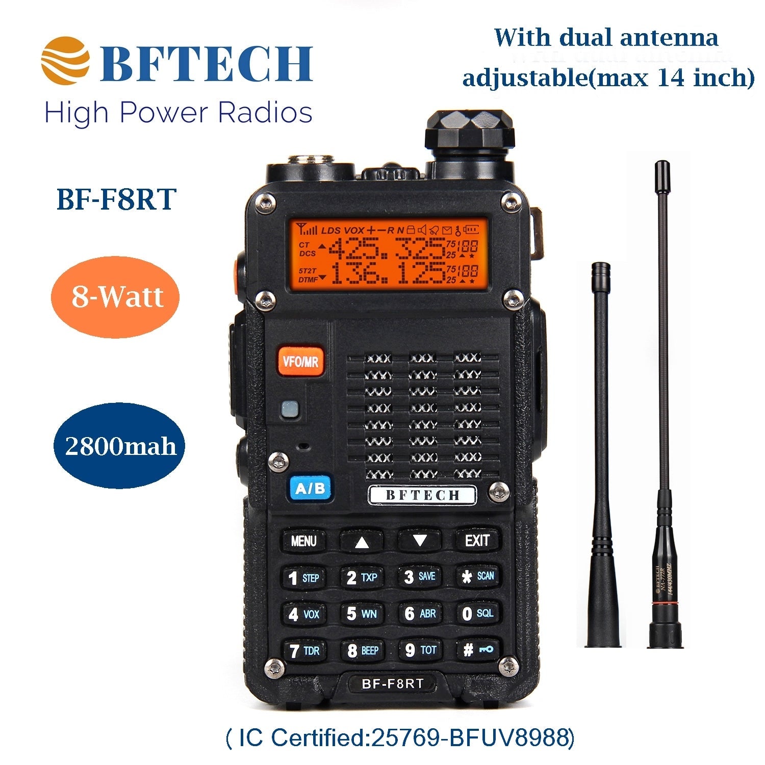 BFTECH BF-F8RT(UV-5R 4rd Gen, Model:UV-5X) 8-Watt Dual Band Two-Way Radio With high gain na-772r stretchable antenna