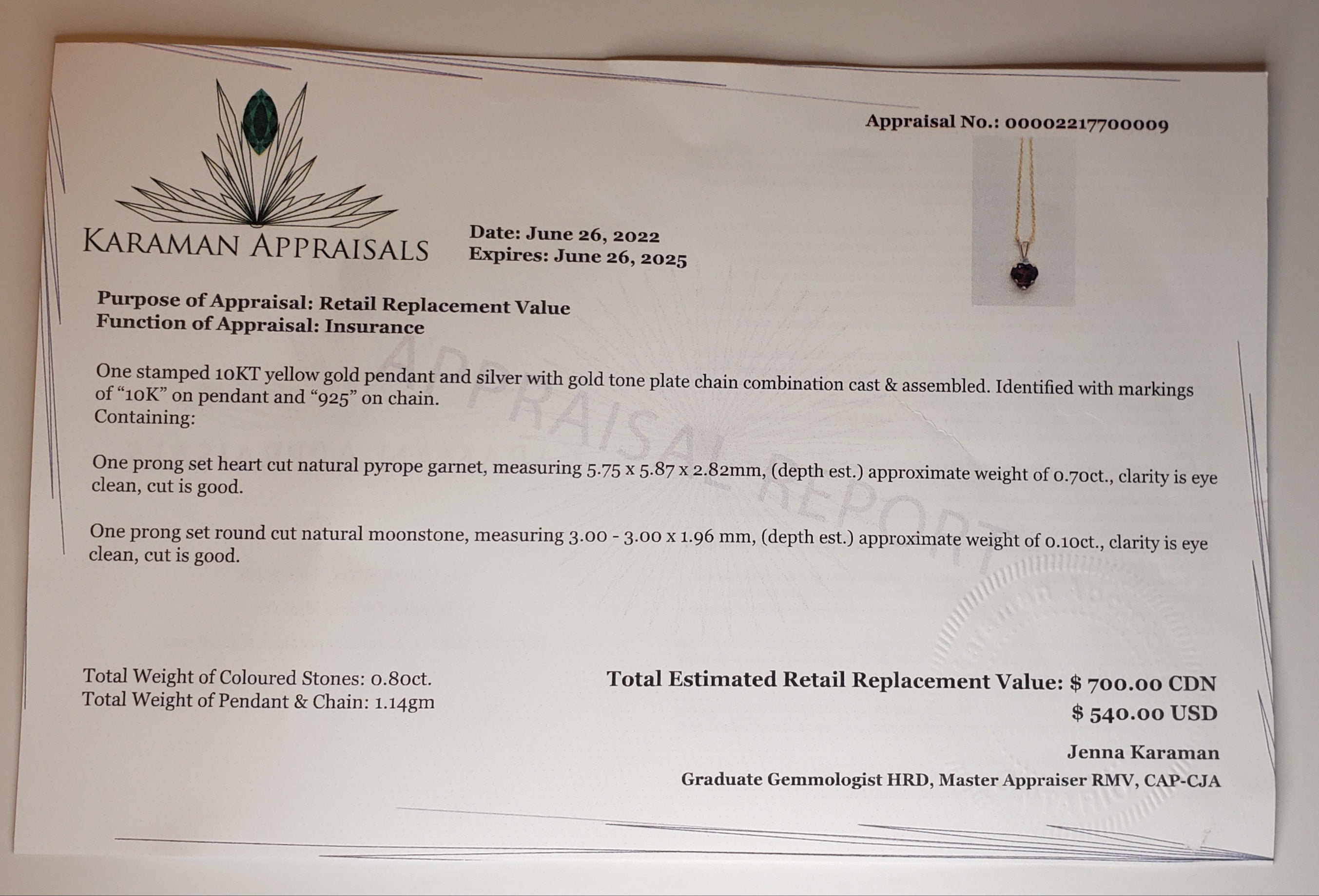 Natural Garnet Heart Pendant Necklace - 10KT Gold