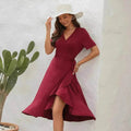2025 Summer Solid Color Long Short Sleeve V-neck High Waist Tied Midi  Dress