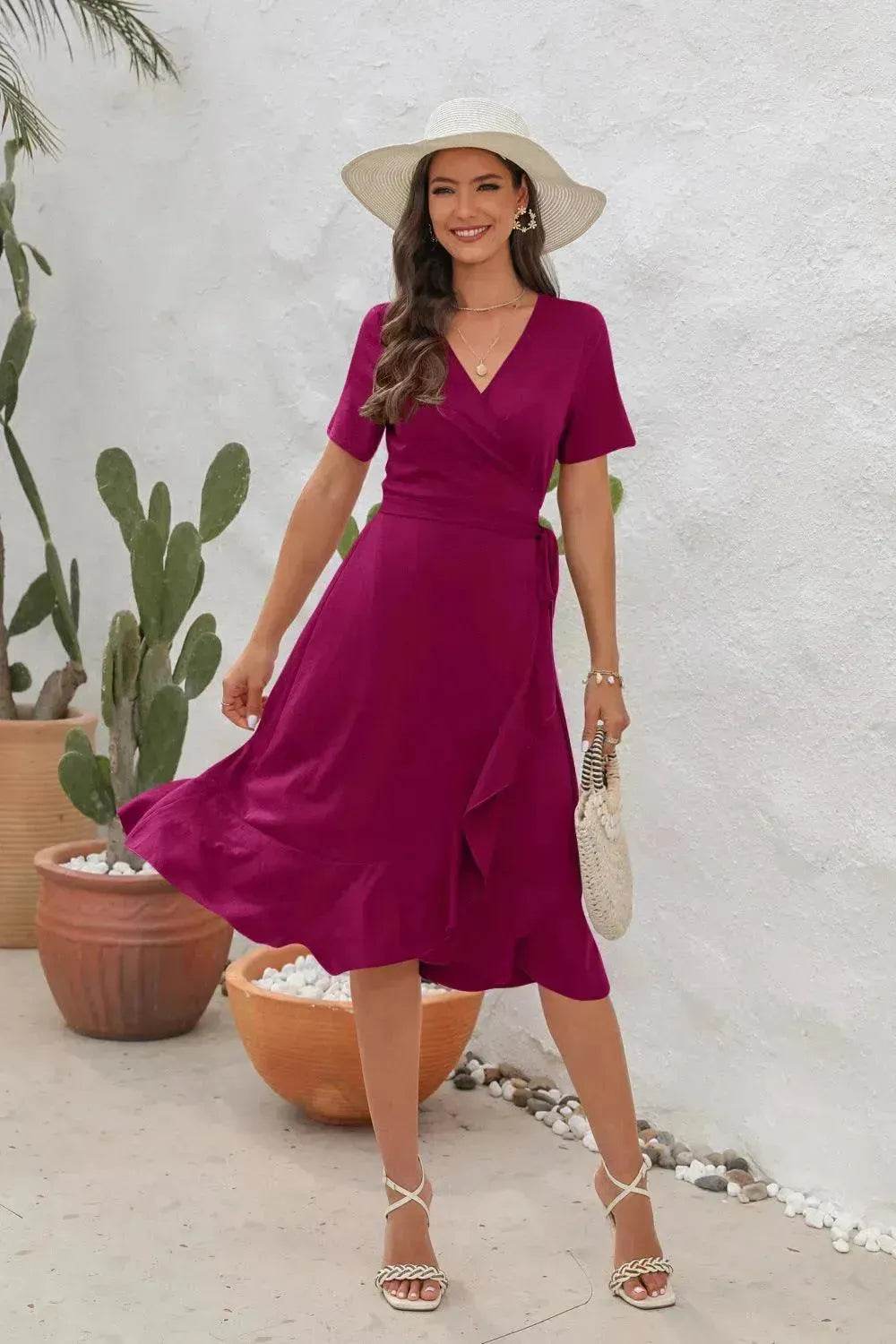 2025 Summer Solid Color Long Short Sleeve V-neck High Waist Tied Midi  Dress