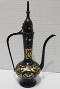 Vintage Brass Tea Ewer Tall, Black/Brass, Hand Etched - 11"