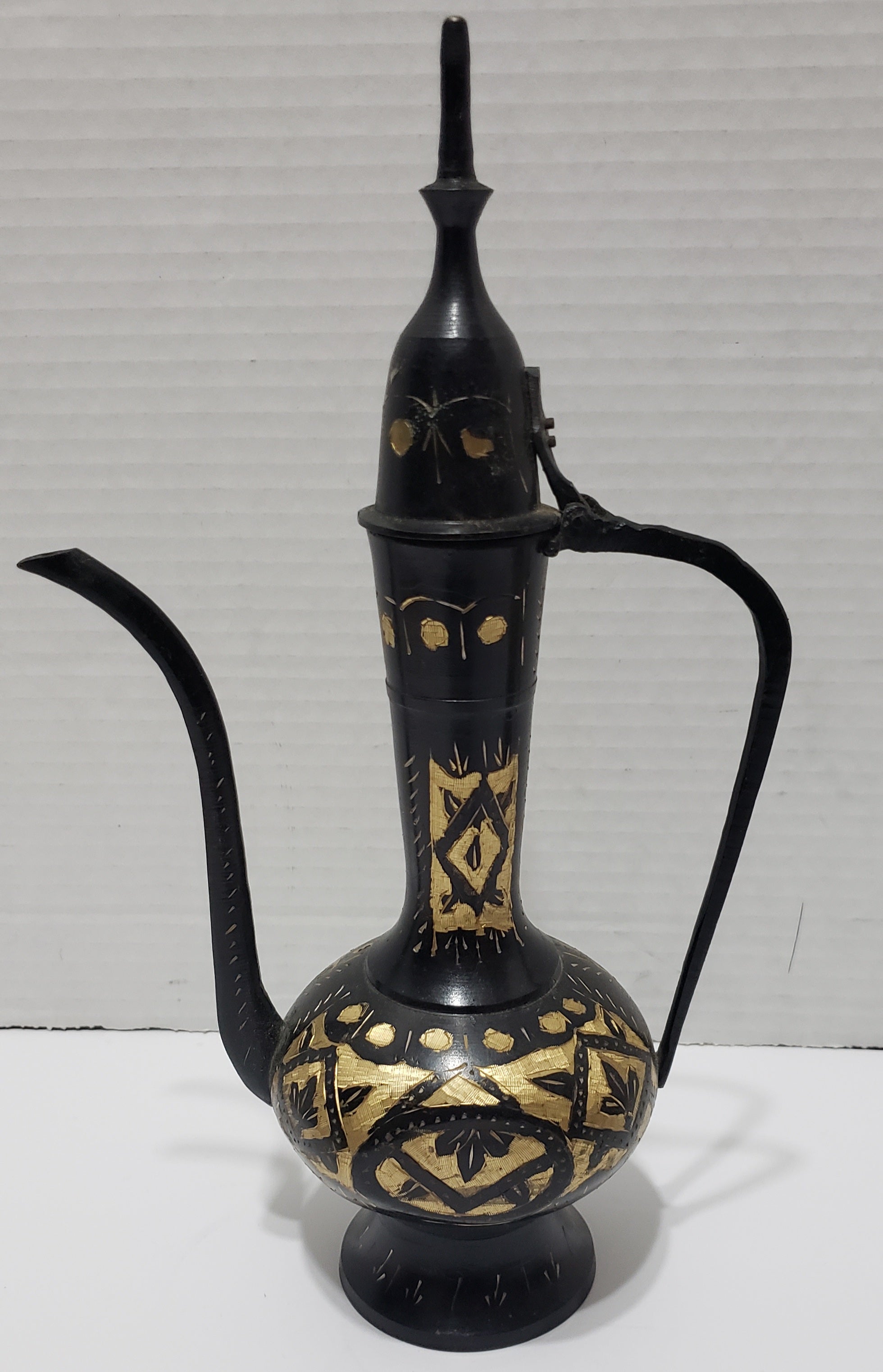 Vintage Brass Tea Ewer Tall, Black/Brass, Hand Etched - 11"