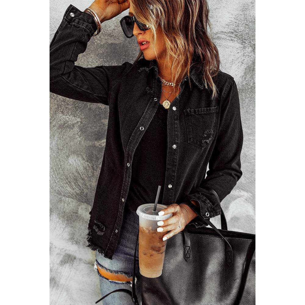 Long Sleeve Jeans Jacket Loose Fit Mid-Length Black