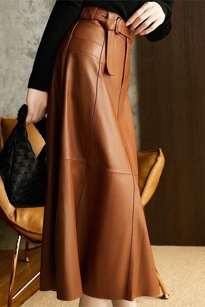 Fashion Retro All-match A- Line High Waist  Formal Office Work Midi Faux Leather Skirt