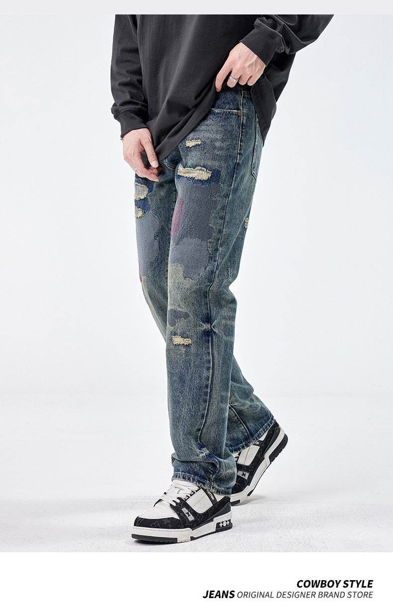 American Style Loose Broken Patch Straight Retro Denim Jeans pant Trousers Men