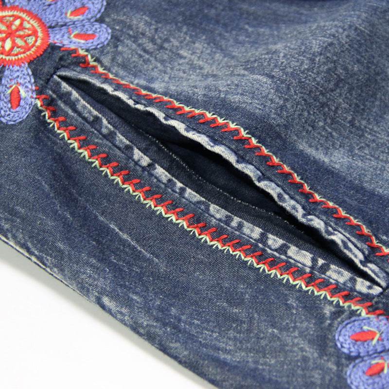 Elegant Classy Long Sleeve Denim dress with belt Flared Embroidered Jeans Dress