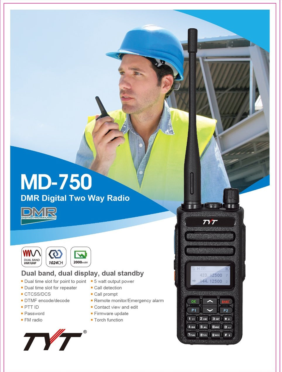 TYT MD-750 dmr two way radio 5w dual time slot dual band uhf/vhf ic certified:10337a-md750