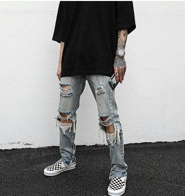 Destroyed ripped Denim jeans Pant men straight leg men