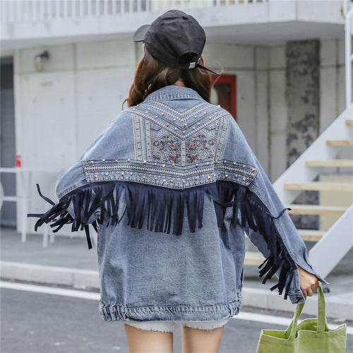 Elegant women Oversized Embroidered Tassel Fringe Denim Jacket