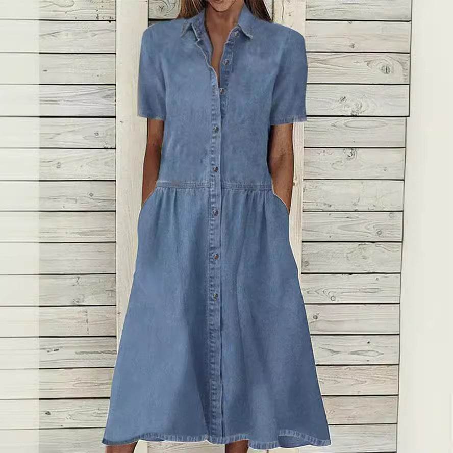 Women's European And American Lapel Casual loose button down Midi Denim jeans Mum Dress