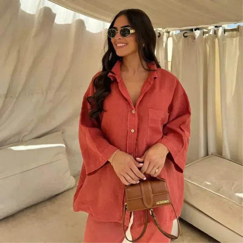 Casual Women Wide Leg Pants Long Sleeves Shirt Sets Ladies Loose High Street 2 Piece Outfits Pant co ords for Women Trouser co ords for Women