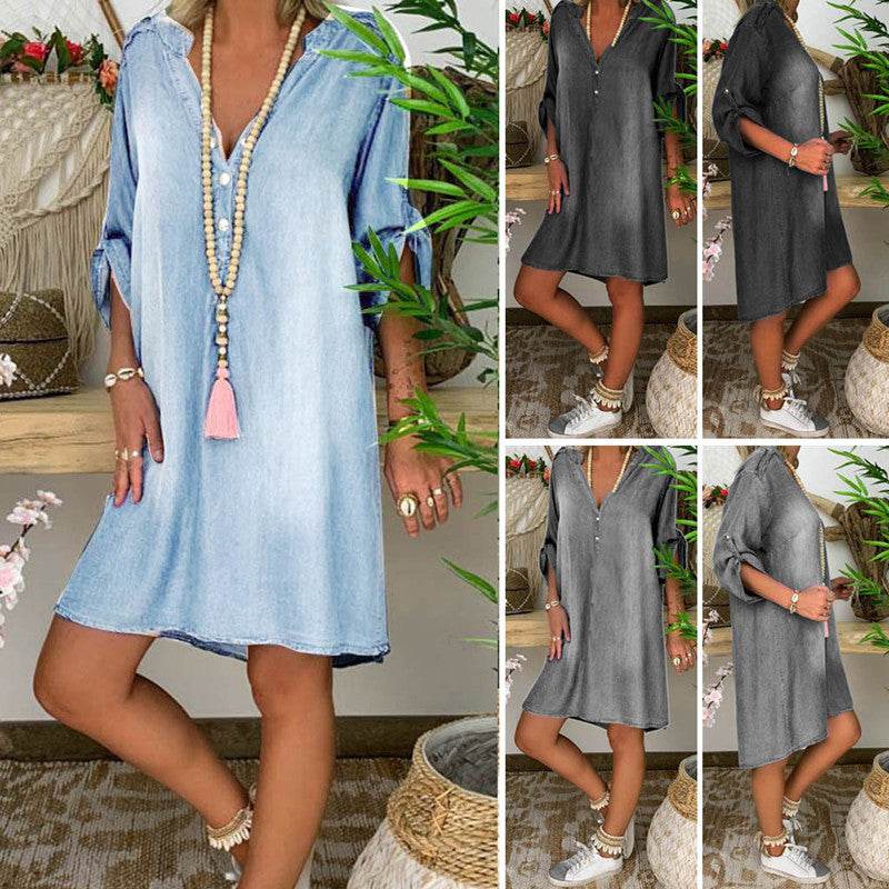 Casual Half Button Mid-sleeve loose Washed denim dress
