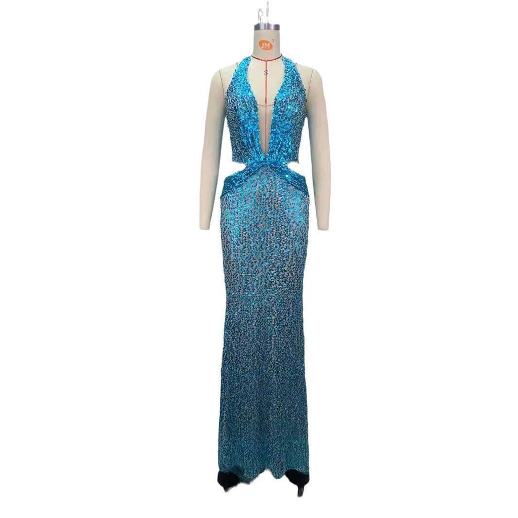 New Halter Deep V-neck Slim fit Sequined Evening Party Dress