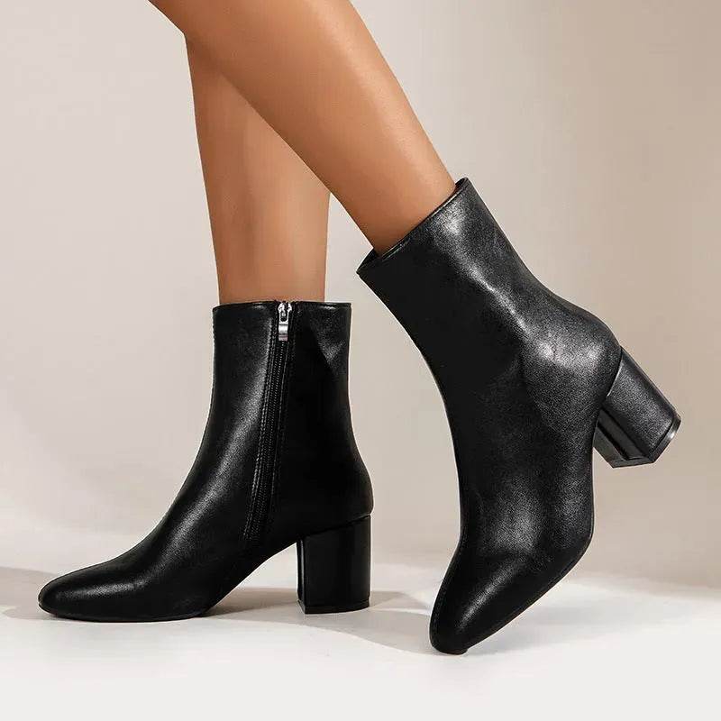 Winter Chunky Heel Pointed Toe Boots With Side Zipper Fashion Mid-calf Boot For Women Shoes