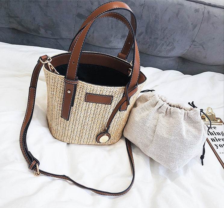 Women's bag hand-woven contrast color bucket straw bag cylinder handbag diagonal shoulder beach bag