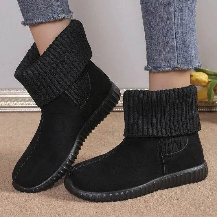 Women's Reversible Knit Flat Ankle Snow Boots | Suede Winter Boots