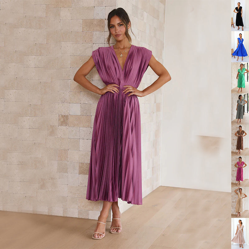 Women's V-Neck Pleated Midi Dress – Sleeveless Zip Casual Summer Dress