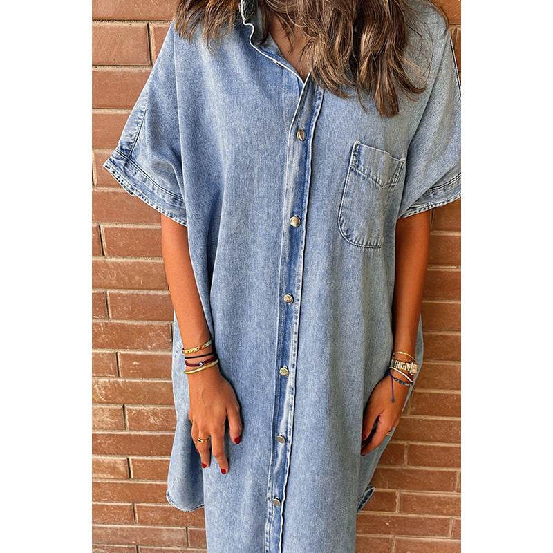 Women's Solid Color Single Row Multi-buckle loose Dress Short Sleeve Denim