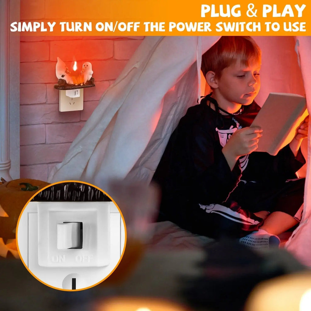 2Pcs Ghost Campfire Flickering Flame Night Light Indoor 3D Funny Halloween Nightlight Decoration Bedroom Night Light Halloween Decoration Gift For Friend Family
