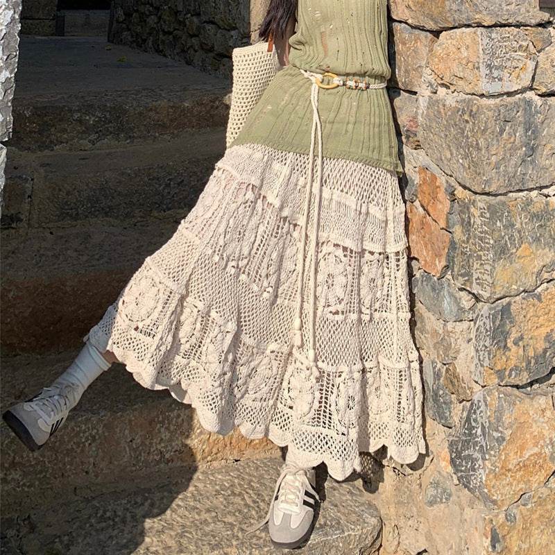 Retro Vacation Style Crocheted Hollow Beige Maxi Skirt