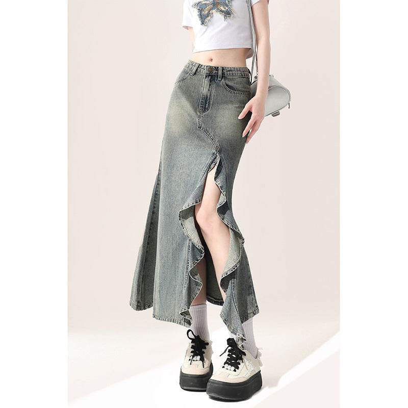 Irregular Half-length Split Denim long Skirt