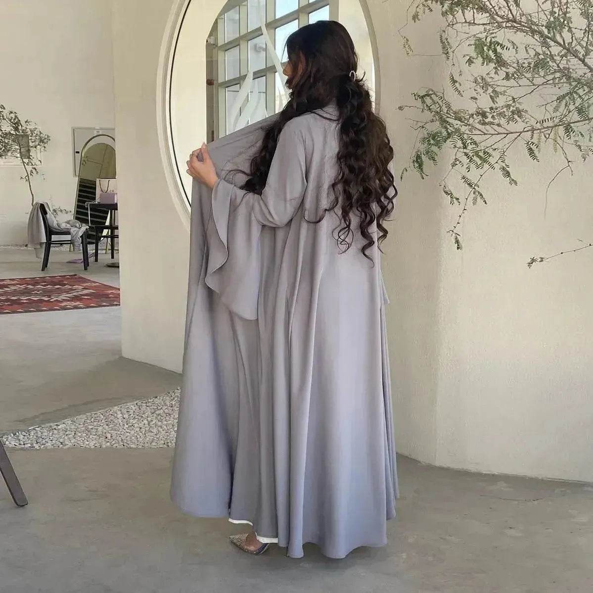 Abaya two piece set Elegant Satin  Plain Color Abaya Kimono Open front Abaya Dubai Abaya wear for Middle East Women
