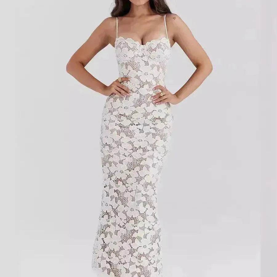 White Lace Wedding Dinner Party Cocktail Bodycon Spaghetti Strap Split Long Dress