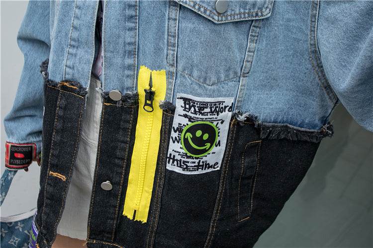 Denim Loose Jacket Women Stylish Graffiti Patch Design