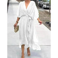 Batwing Sleeve V-neck Dress Summer Pure Color Tied Irregular Wrap Midi Dresses for Women