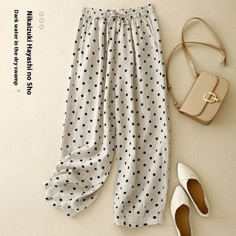 Women's Cotton Linen Harem Pants – Polka Dot Wide Leg Elastic Waist Boho Trousers