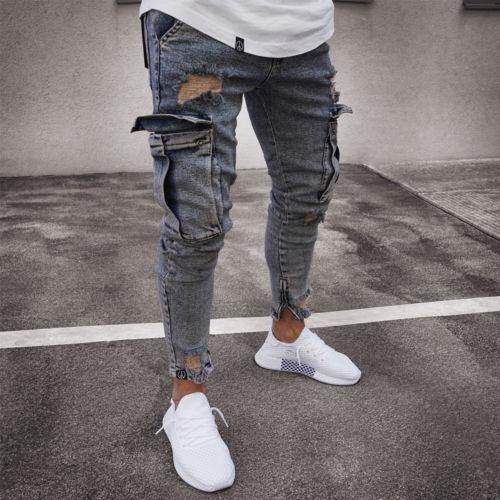 Cargo Hole Denim Jeans Men pant slim fitted