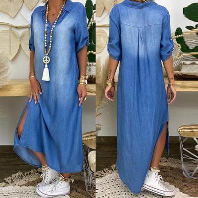 New washed denim dress Side Split Loose Mum Long Jeans Dress