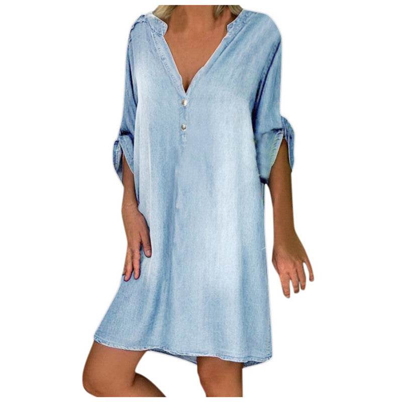 Casual Half Button Mid-sleeve loose Washed denim dress