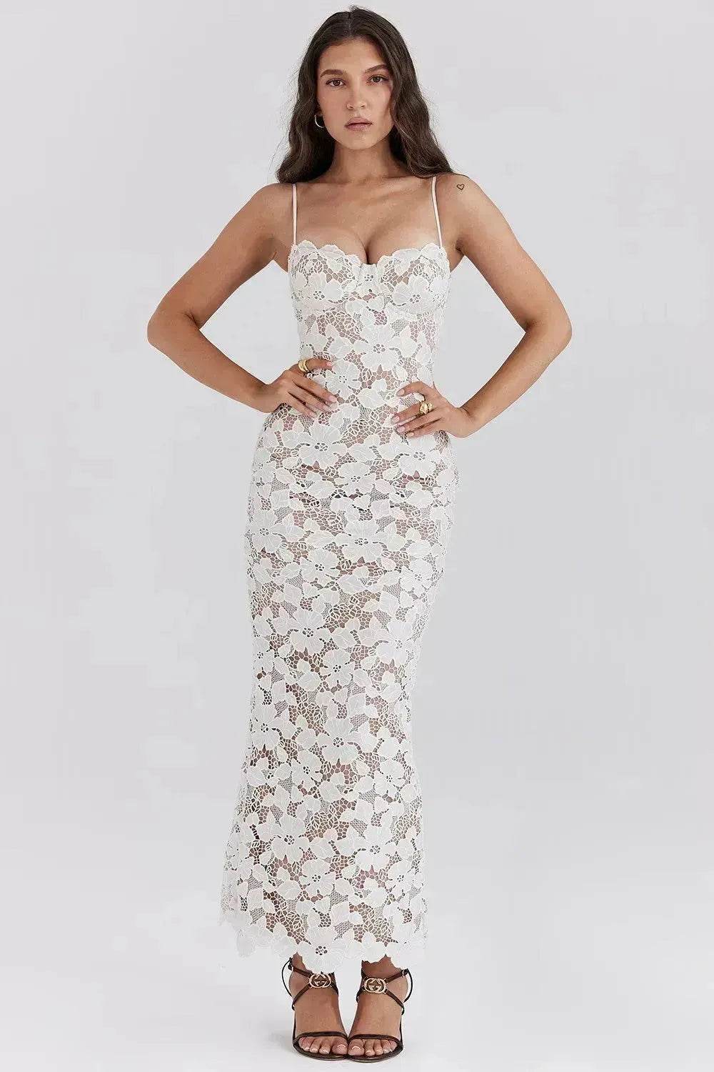 White Lace Wedding Dinner Party Cocktail Bodycon Spaghetti Strap Split Long Dress