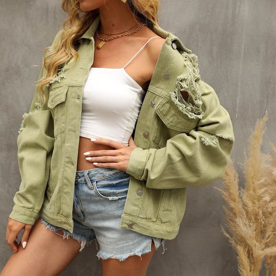 Perforated Coat Pocket Raglan Loose Jacket Women Denim