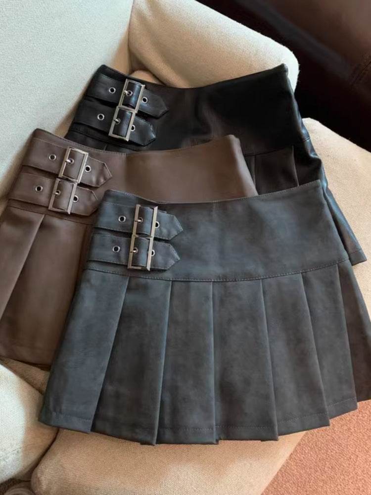 Women's American-style Vintage Mini  Pleated Leather Skirt
