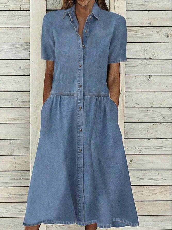 Women's European And American Lapel Casual loose button down Midi Denim jeans Mum Dress