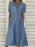 Women's European And American Lapel Casual loose button down Midi Denim jeans Mum Dress