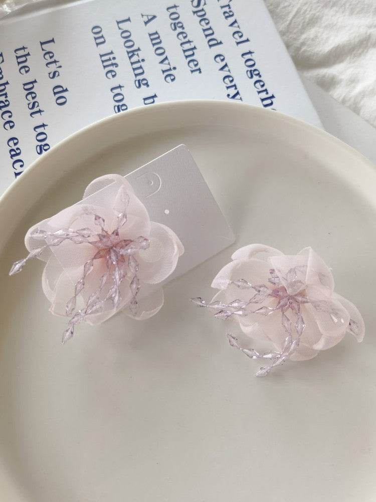 Temperament Flower Sweet Tulle Beaded Exaggerated Earrings
