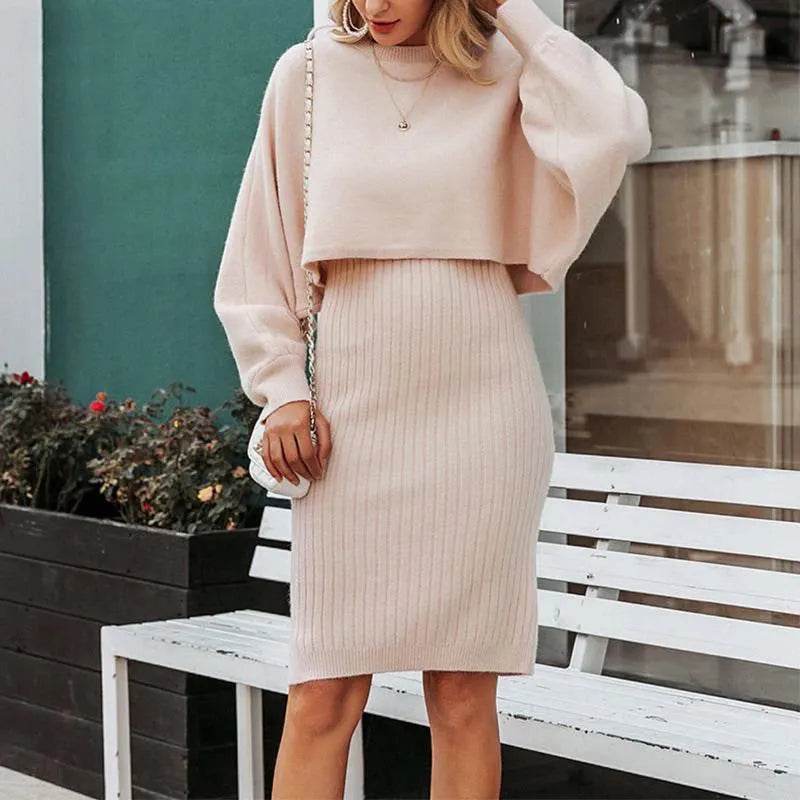 Women 2pcs Winter Outfit Cashmere dress Cropped Pullover top