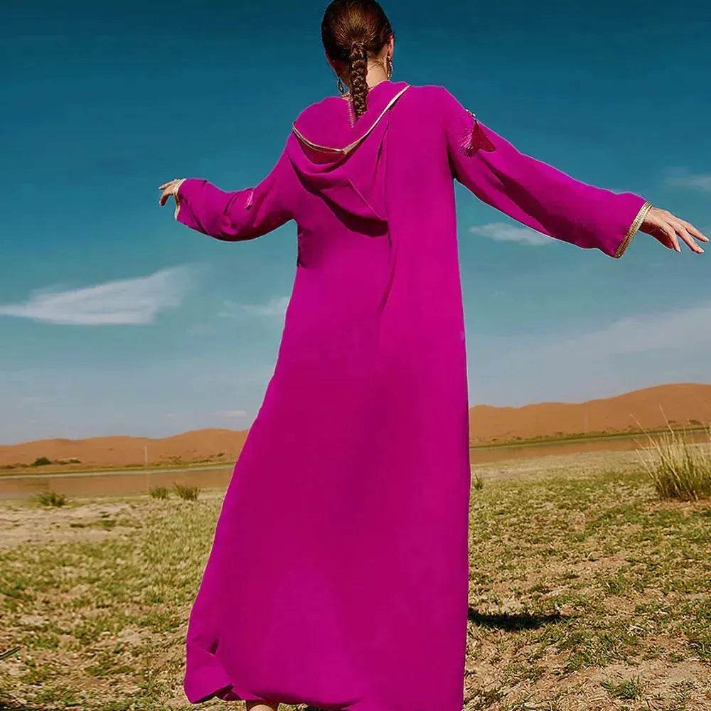 Women's Luxury Rose Red Hooded Middle East Moroccan Dubai Style Dress Fancy Embellish Summer Turkish dress