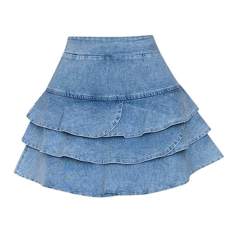 Elastic Jeans High Waist Layer  Denim short mini flare skirt