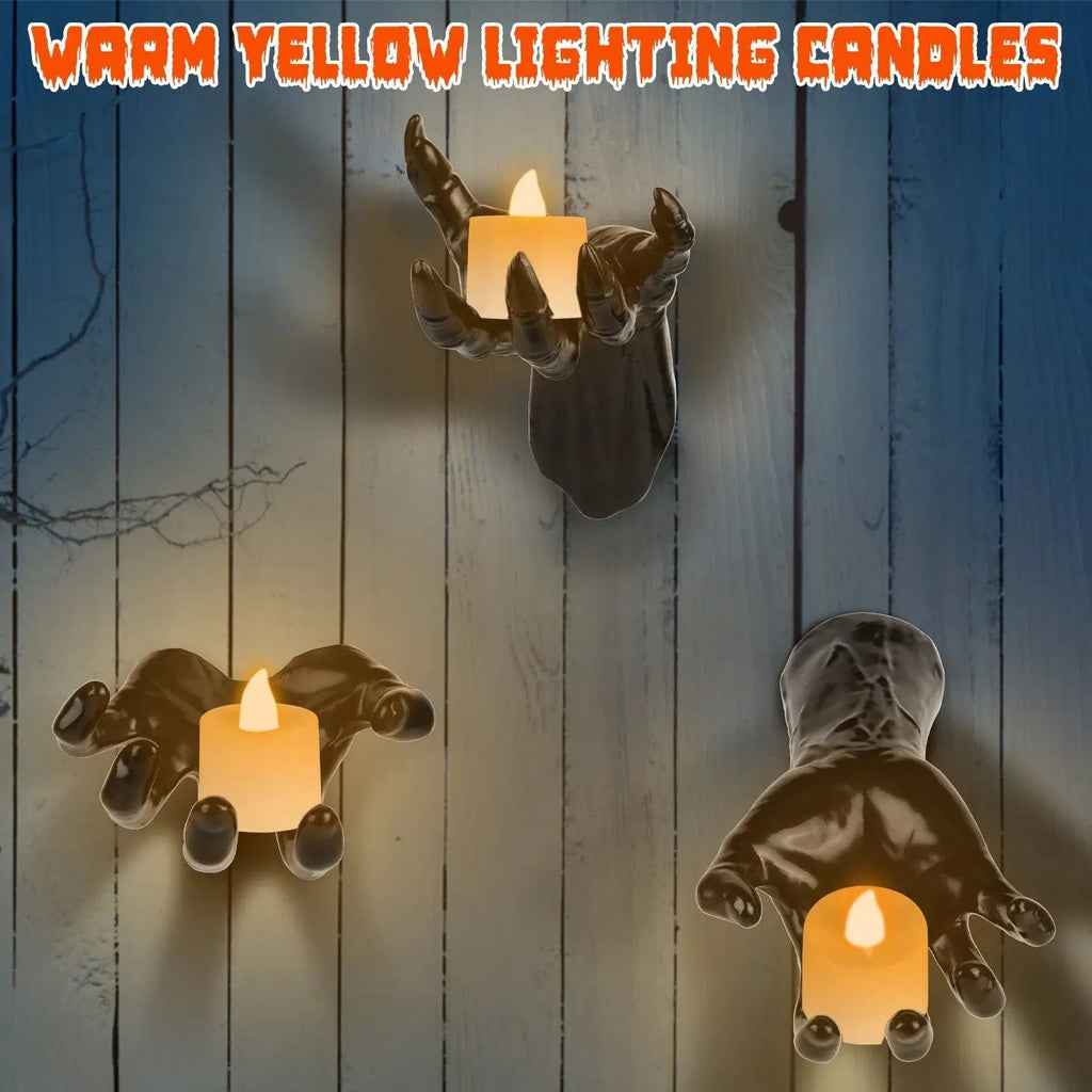 3Pcs Creepy Reaching Hands With Lighted Candles Wall Mounted Halloween Decoration Witch Devil Hand Aesthetic Goth Gothic Life Sized Horror Hands Hanging Sculpture