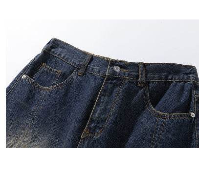 American-style Retro Washed Split Design Denim Shorts For Men Jeans
