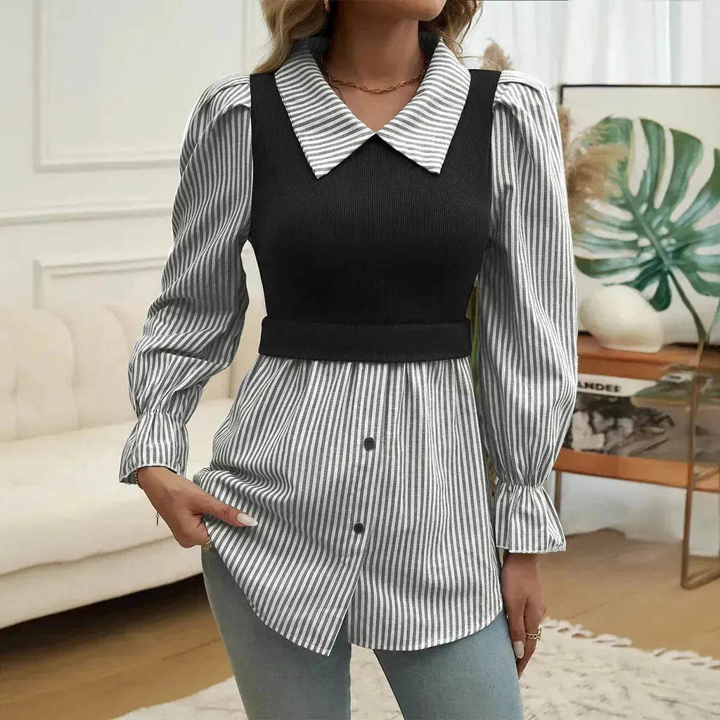 Women's Casual Contrast Color Stitching  Long Sleeve Collar Ladies Evening Top