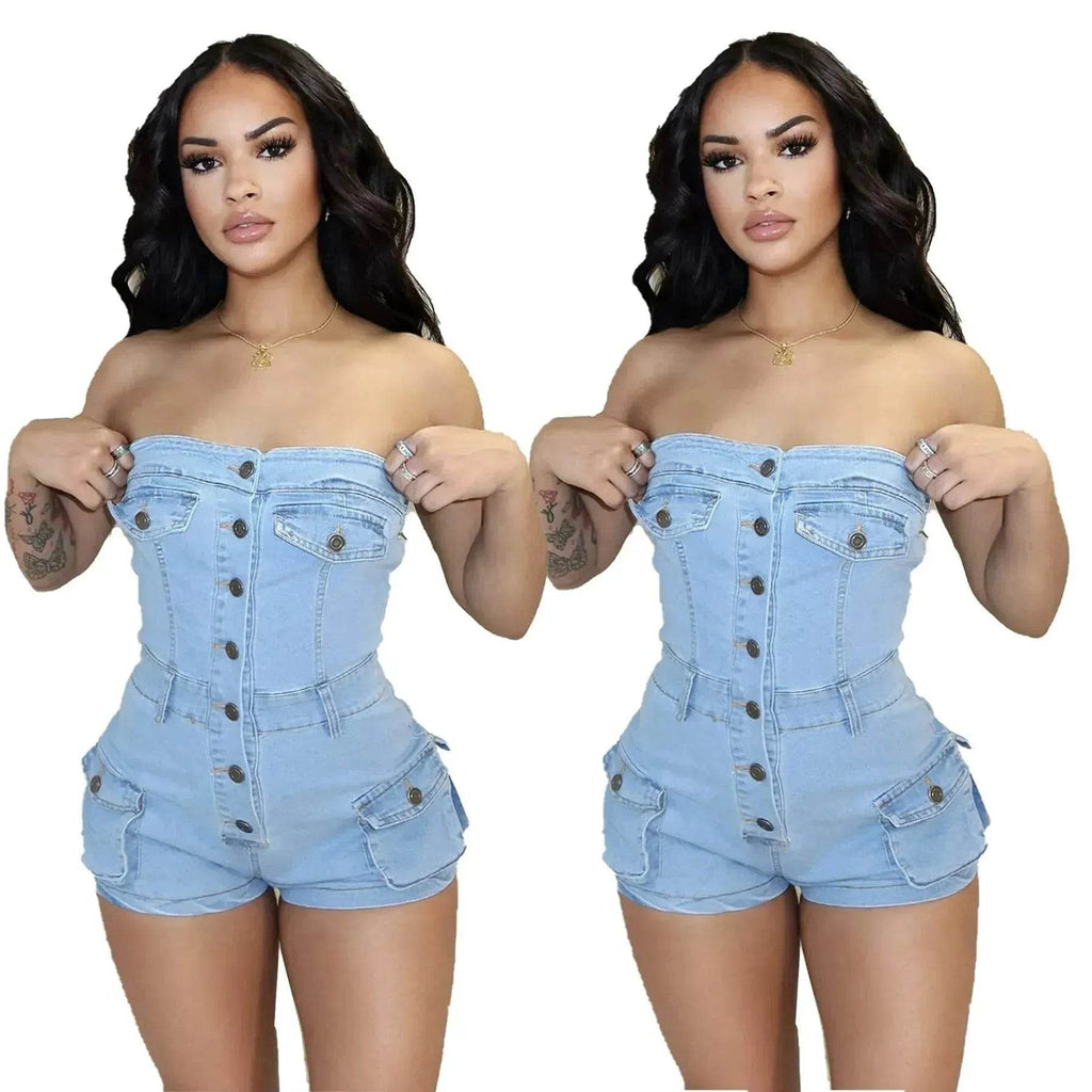 Women Denim Tube Romper Jumpsuit Strapless Bodycon Denim Short Jumpsuit